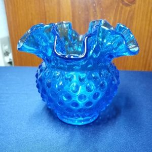 Fenton Dark Sky Blue Hobnail Ruffled Glass Vase